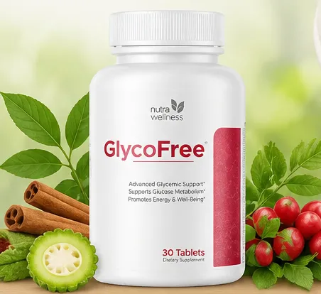 GlycoFree blood sugar support supplement bottle with bitter melon, cinnamon, and cranberries for healthy glucose metabolism and daily energy support