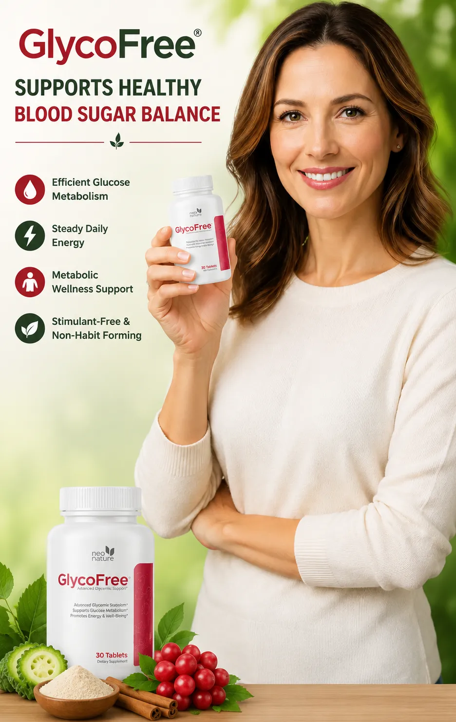 GlycoFree blood sugar supplement bottles with young woman promoting