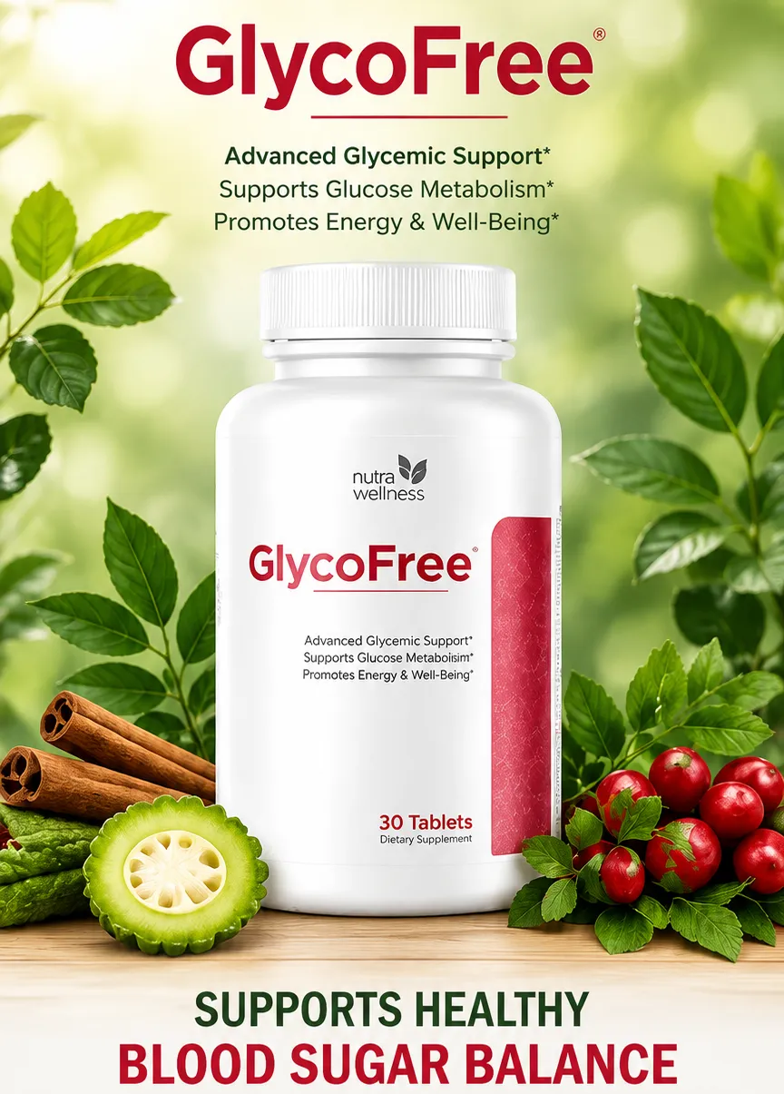 GlycoFree blood sugar support supplement bottle with bitter melon, cinnamon, and cranberries for healthy glucose metabolism and daily energy support