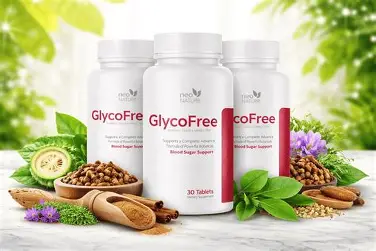 GlycoFree blood sugar support supplement bottle with bitter melon, cinnamon, and cranberries for healthy glucose metabolism and daily energy support